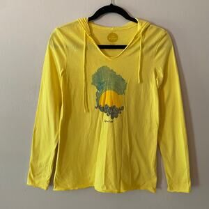 Life Is Good Women's size XS Yellow Long Sleeve Hooded Top Sunset Beach